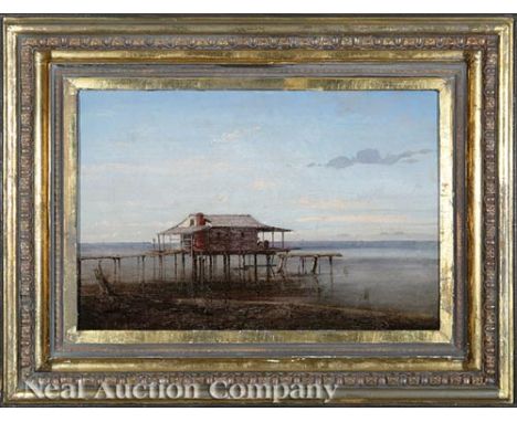 Richard Clague (French/New Orleans, 1816-1878), "Bay Jaune (Fishing Camp on Pilings)", oil on canvas, signed lower left, 16 1