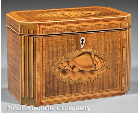 George III Inlaid Mahogany Tea Caddy, early 19th c., canted corners, seashell inlay, interior with lidded compartments, h. 5 