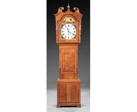 English Inlaid Oak and Mahogany Tallcase Clock, 19th c., signed "Thoms. Snow, Bradford", painted dial with farm scene and flo