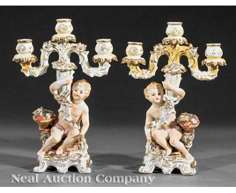 Pair of Dresden-Style Porcelain Figural Three-Light Candelabra, late 19th/early 20th c., entwined CN marks, h. 11 3/4 in., w.