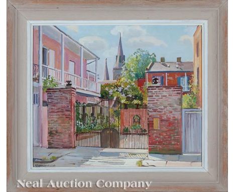 Clarence Millet (American/Louisiana, 1897-1959), "Old Gate, Dumaine Street", oil on canvas board, signed lower left, signed a