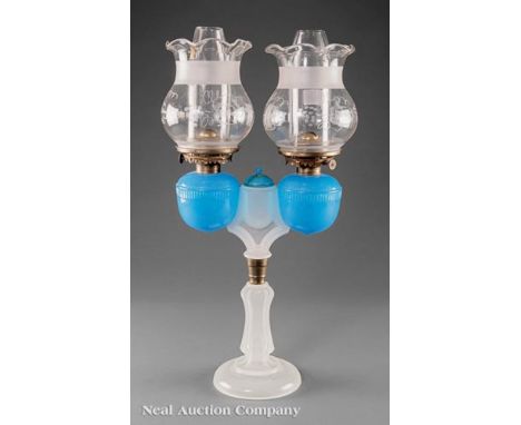 Ripley Blue and White Clambroth Glass Wedding Lamp, c. 1870, tall standard in white with two blue fonts, cut shades, h. 21 in