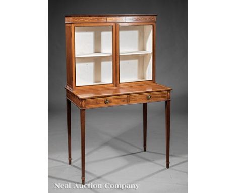 Edwardian Inlaid Mahogany Vitrine in the Adam Taste, early 20th c., molded cornice, paneled foliate inlaid frieze, glazed doo