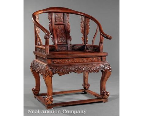 Pair of Chinese Carved Hardwood Horseshoe Back Armchairs, probably Huanghuali, U-shaped crestrail and scroll arms terminating