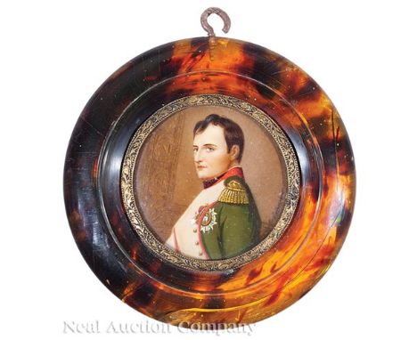 Portrait Miniature of Uniformed Napoleon in Profile, signed "Delaroche" lower right, dia. 2 in., faux tortoiseshell frame    