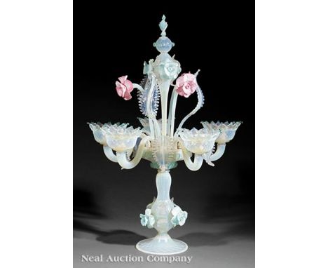 Murano Glass Six-Light Candelabra, 20th c., foliate design, electrified, h. 28 1/2 in., w. 19 in. Provenance: Estate of Stefa