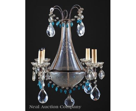 French Gilt Metal and Cut Glass Four-Light Chandelier, 20th c., hung with blue and clear glass beads, and pendeloque prisms, 