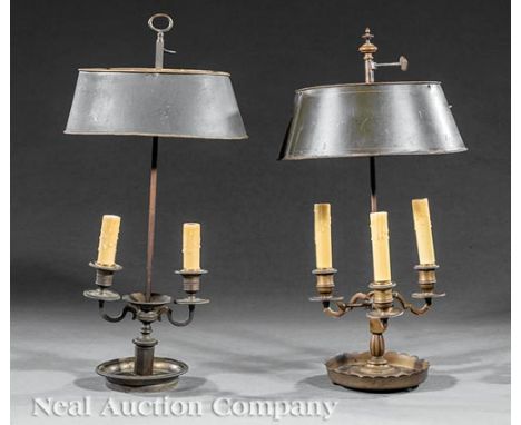 Two Antique French Brass and Tole Bouillotte Lamps, 19th c., three-light with round shade, two-light with oval shade, both el