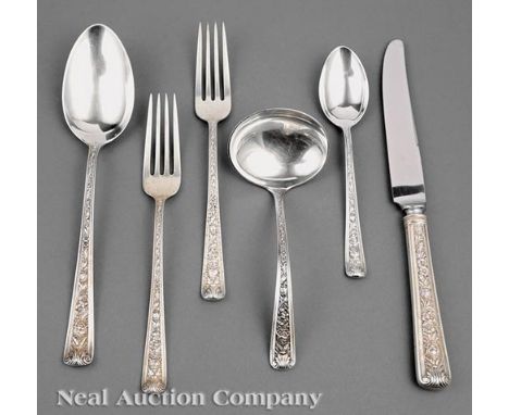 Watson "Windsor Rose" Pattern Sterling Silver Flatware Service, pat. 1940, incl. 8 forks (l. 7 1/4 in.), 8 knives (l. 9 1/8 i