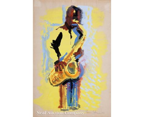 Palmer Schoppe (American/California, 1912-2001), "Sax Playing in the Spotlight", 1946, watercolor on paper, pencil-signed and