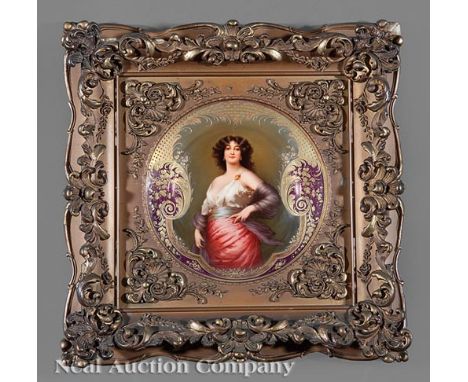"Royal Vienna" Porcelain Cabinet Plate, late 19th/early 20th c., beehive mark, titled "Vornehme Orientalin", gilt and iridesc