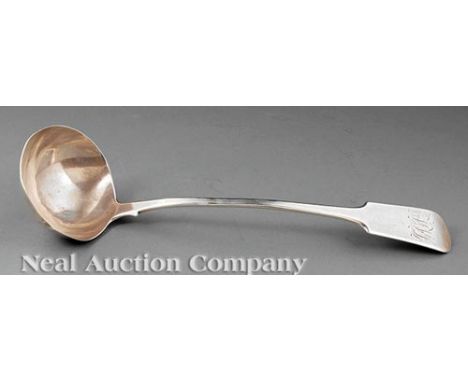George III Sterling Silver Soup Ladle, Thomas Wallis (II) and Jonathan Hayne, London, 1818, downturned fiddle typt handle, l.
