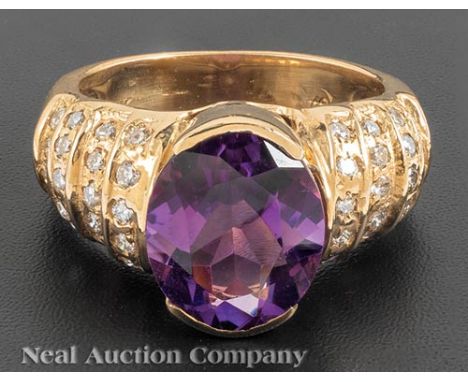 14 kt. Yellow Gold, Amethyst and Diamond Ring, set with faceted oval amethyst and 38 small full cut diamonds     