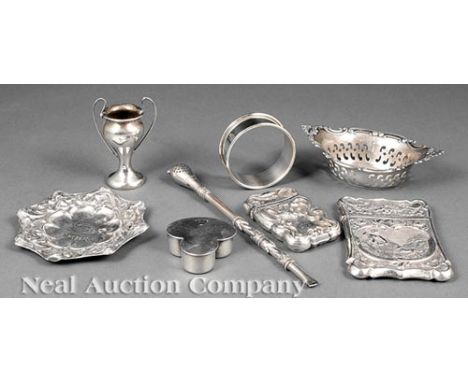 Good Group of Antique and Vintage American Small Sterling Silver Objects, incl. Gorham repousse vesta case, Art Nouveau repou