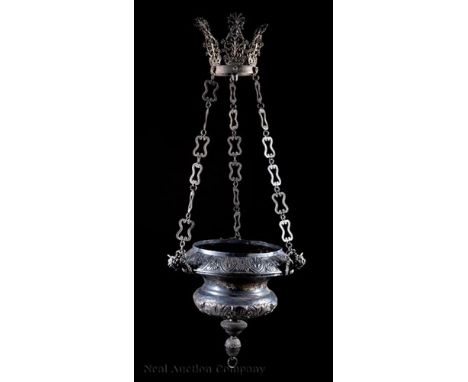 Antique Continental Silverplate Sanctuary Lamp, late 19th c., crown form canopy, the bowl with cherub busts, h. 40 in., dia. 