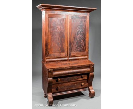 American Classical Figured Mahogany Secretary Bookcase, c. 1840, flared cornice, upper case with paneled doors, shelf interio