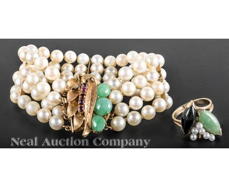 Four Strand 6-6.5 mm. Cultured Pearl Bracelet, with 14 kt. yellow gold clasp set with 3 jade cabochons and 5 faceted rubies; 