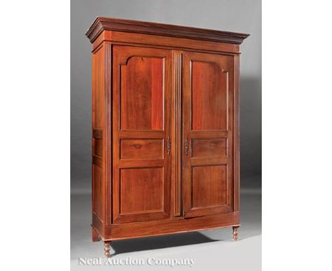 West Indies Carved Tropical Hardwood Armoire, 19th c., Trinidad, molded cornice, fluted stiles, paneled doors, shelf interior