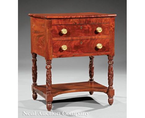 American Classical Carved Mahogany Work Table, early 19th c., New York, molded top, two drawers, incurvate stretcher shelf, s