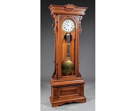 American Carved Walnut Standing Regulator Clock, c. 1870, incised architectonic case, porcelain dial, lyre pendulum, h. 92 1/