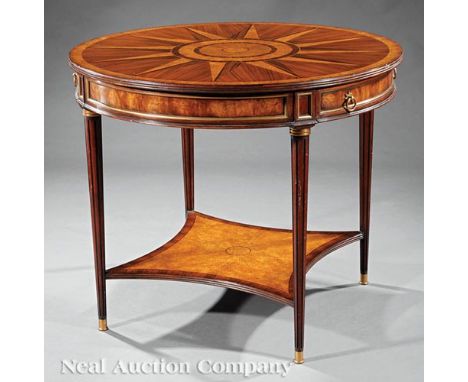 Regency-Style Inlaid Rosewood and Burled Center Table, 20th c., circular top with compass star inlay, two frieze drawers, flu