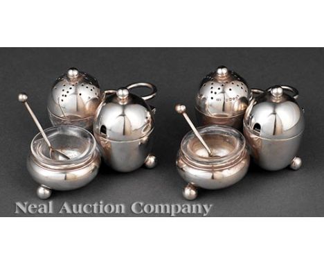 Pair of Antique English Sterling Silver Condiment Stands, London, 1884, maker JB, each fitted with salt cellar, pepperette an