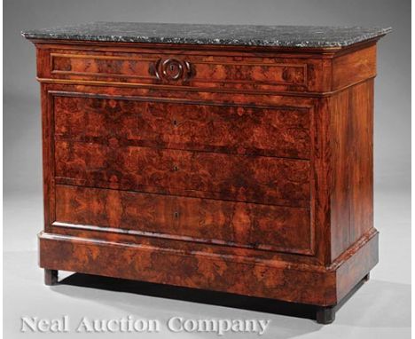 Louis Philippe Burled Walnut Commode, early 19th c., marble top with chamfered corners, conforming case with four drawers, tu