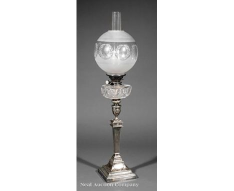 Antique English Silverplate and Cut Glass Banquet Lamp, late 19th c., Walker & Hall, Sheffield, font over fluted columnar sta