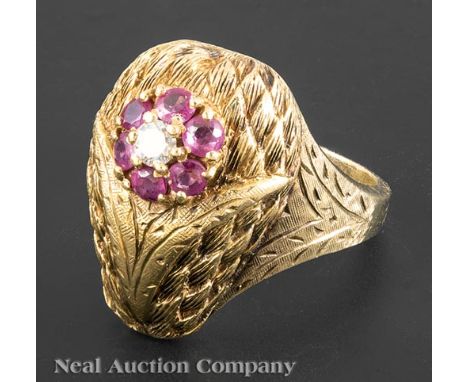 18 kt. Yellow Gold, Ruby and Diamond Cluster Ring, set with 6 round faceted rubies, totaling approx..30 ct., and 1 brilliant 