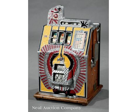 Vintage American Nickel Slot Machine, 20th c., thunderbird design, Mills Novelty Co., Chicago, painted cast metal and wood, h