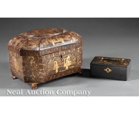 Chinese Export Gilt-Decorated Black Lacquer Tea Caddy, 19th c., octagonal domed cover and sides painted with figural scenes, 