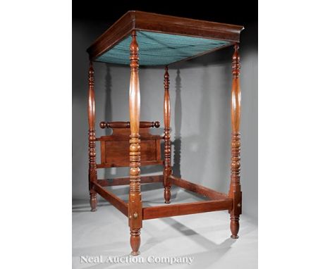  Louisiana Carved Cherrywood Tester Bed, early 19th c., bulbous turned finialed posts, cove molded cornice, rolling pin headb