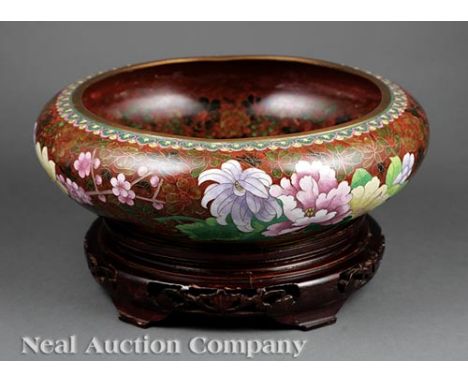 Large Japanese Cloisonne Enamel Bowl, early-to-mid 20th c., decorated with peony and prunus on a burnt orange floral ground, 