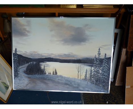 A very large Oil on canvas depicting a winter river scene, signed lower left R. Korri '81, 48 3/4" x 36 1/2".