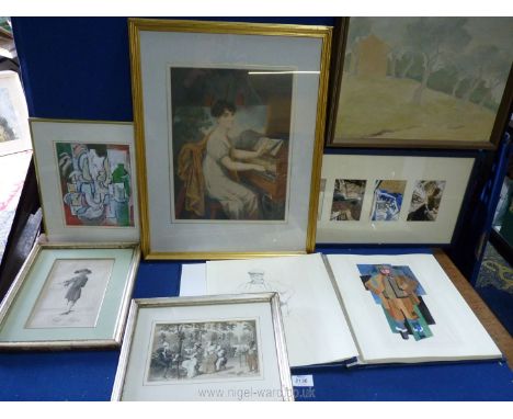 A quantity of pictures to include an etching of a group of musicians, etching of Hugh Massey, an abstract watercolour initial