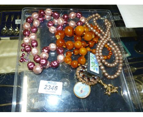 Miscellaneous bead necklaces, small enamel brooch with metal surround etc.