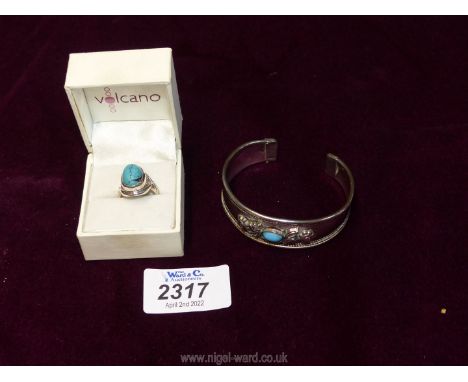 An Art Nouveau style silver ring with turquoise stone stamped 925, plus a white metal bracelet with similar stone.