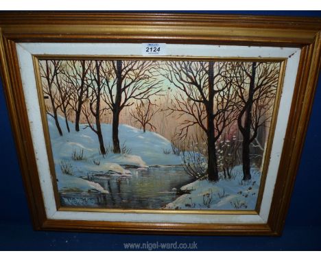 A framed Oil on board depicting a winter river landscape, signed lower left R. Korri '89, 21" x 17".