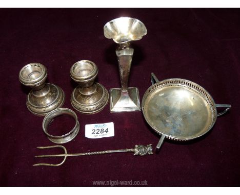 A small silver vase (Sheffield 1915 by James Deakin &amp; Sons) and a silver ashtray and pickle fork (both Birmingham) dated 