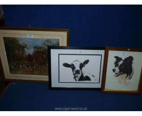 Three framed pictures to include a Border Collie print by Robert J. May, a hunting print and a charcoal drawing of Friesian c