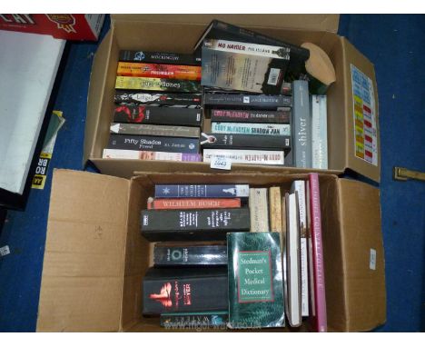 Two boxes of books to include; Cody McFayden, M O Hayder, 'Kevin McCloud's Lighting Book', etc.