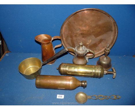 A quantity of copper and brass including jug, flask, bell, old fire extinguisher, charger etc.