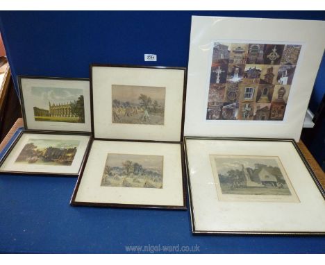 A quantity of Etchings to include 'Southside of Kings College', Cross at Clearwell in Gloucestershire, and a small pair of wa