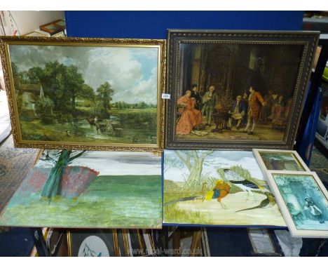 A quantity of pictures to include 'The Hay Wain' framed and glazed print, a reproduction oil of the Cardinal admiring a warsh