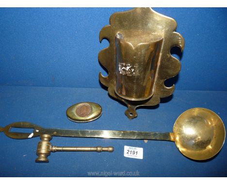 A quantity of brass including old ladle, spill holder, gavel and brass snuff box with inset penny.