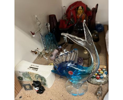 A Murano glass fish together with other glasswares, brass chamber stick, etc 