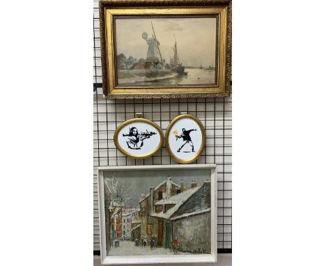 R Malcolm LloydRiver sceneWatercolour Together with a Utnllo print and two Katzo Banksy panels