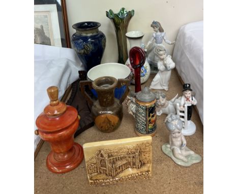 A Lladro figure of Alice and the rabbit together with other Lladro figures, Royal Doulton stoneware vase, carnival glass vase