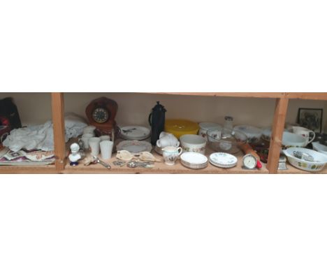 A walnut cased mantle clock together with commemorative wares, kitchenalia, christening gown etc 