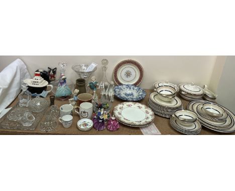 A Bridgwood part dinner set together with various plates, Royal Doulton figures, Royal Worcester figures, glass part dressing